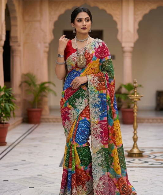 Multicolor Bandhani Print Saree with Green Embroidered Border – Festive Wear