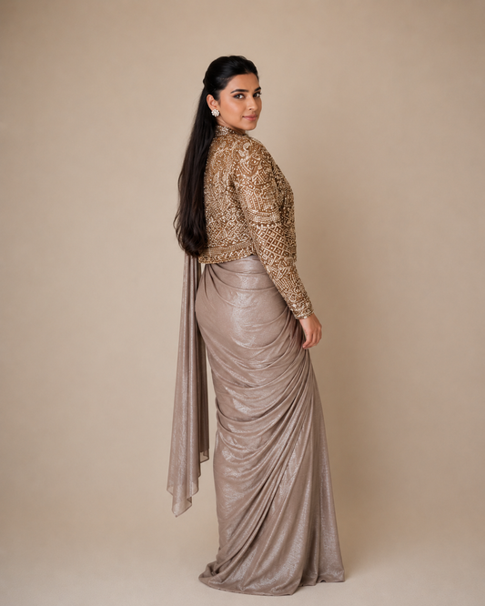 Ready to Wear Chinon Silk Lehenga Saree with Embroidered Jacket & Blouse