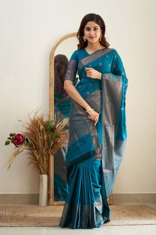 Teal Blue Cotton Silk Saree