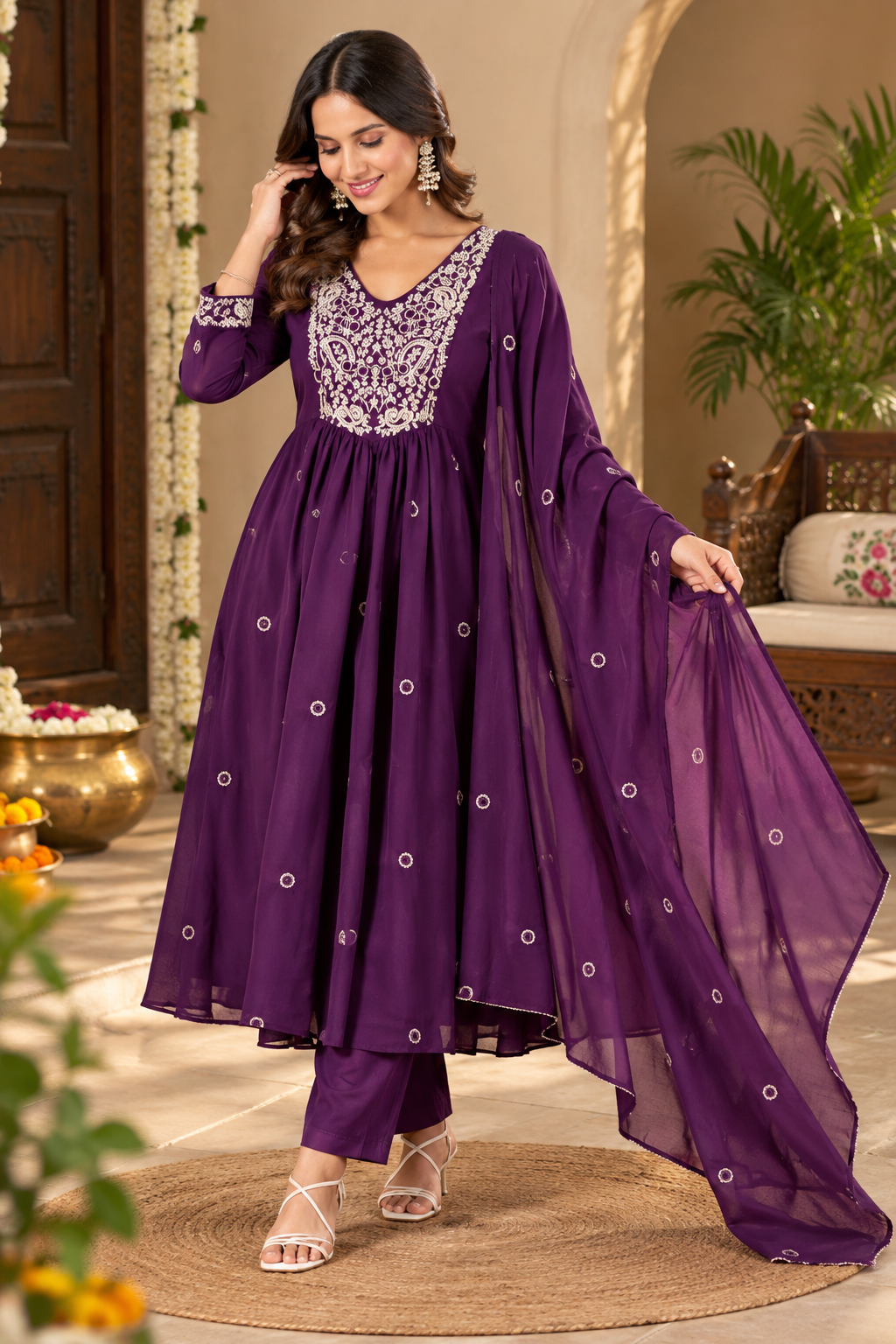 Women’s Mul Chanderi Anarkali Suit Set with Pant & Dupatta | Floral Thread Embroidery | 3 Piece Ethnic Wear
