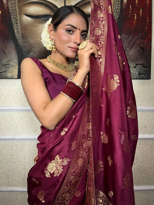 Wine Maroon Zari Work Saree