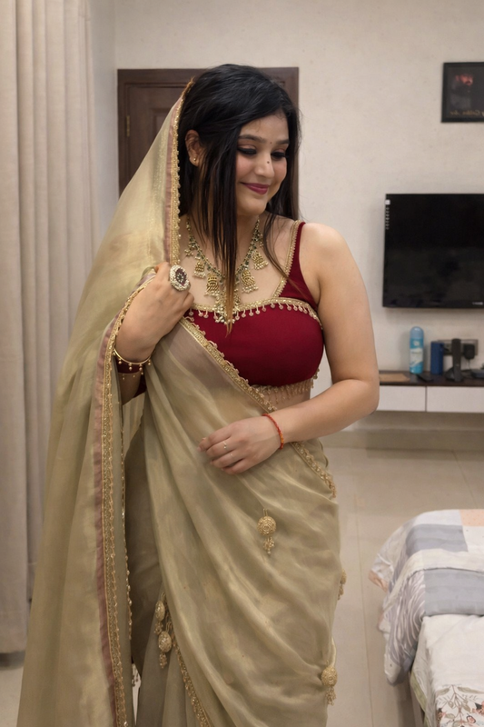 Women's Space Silk Saree with Moti Handwork Lace and Satin Blouse – Trending Party Wear Saree