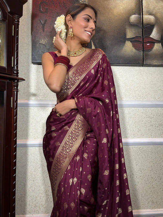 Wine Zari Woven Banarasi Silk Saree