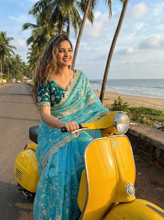 Ananya Soft Satin Silk Embroidery Saree with Heavy Border & Stitched Blouse