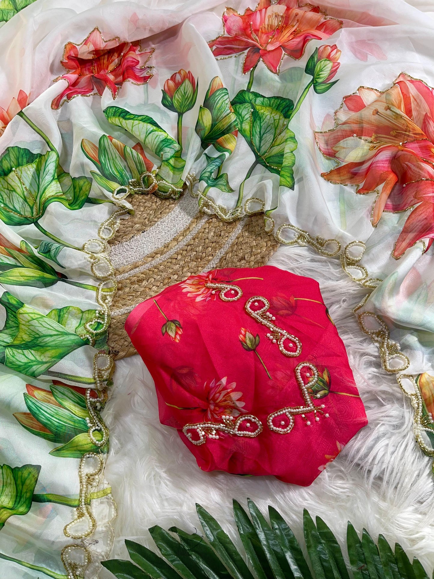 Pure Soft Teby Silk Floral Print Saree with Khatli Moti Border & Designer Blouse