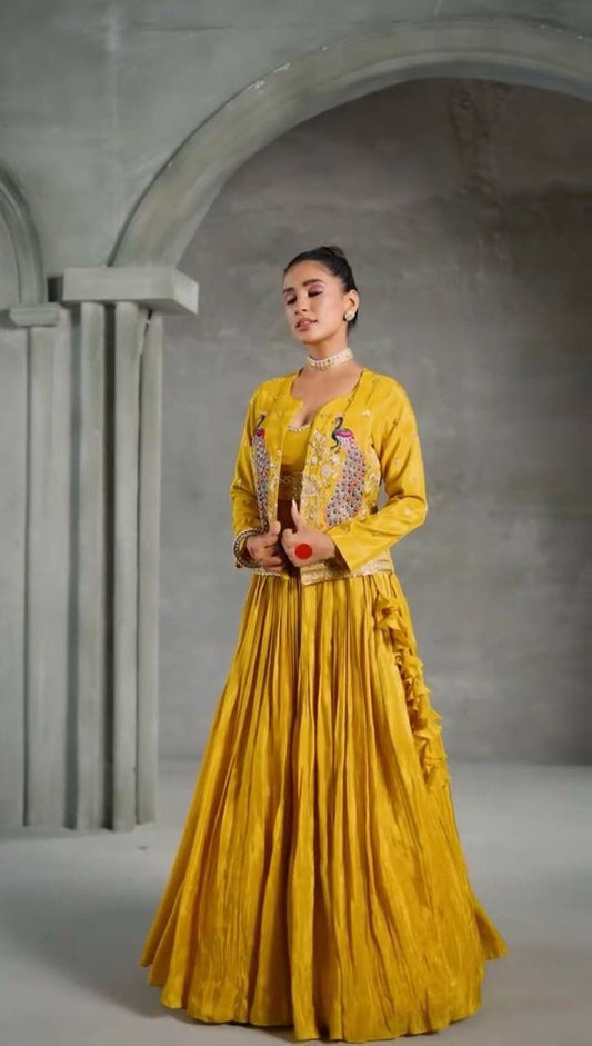 Festival Special Chinon Crop Top Lehenga with Embroidered Jacket (Yellow)