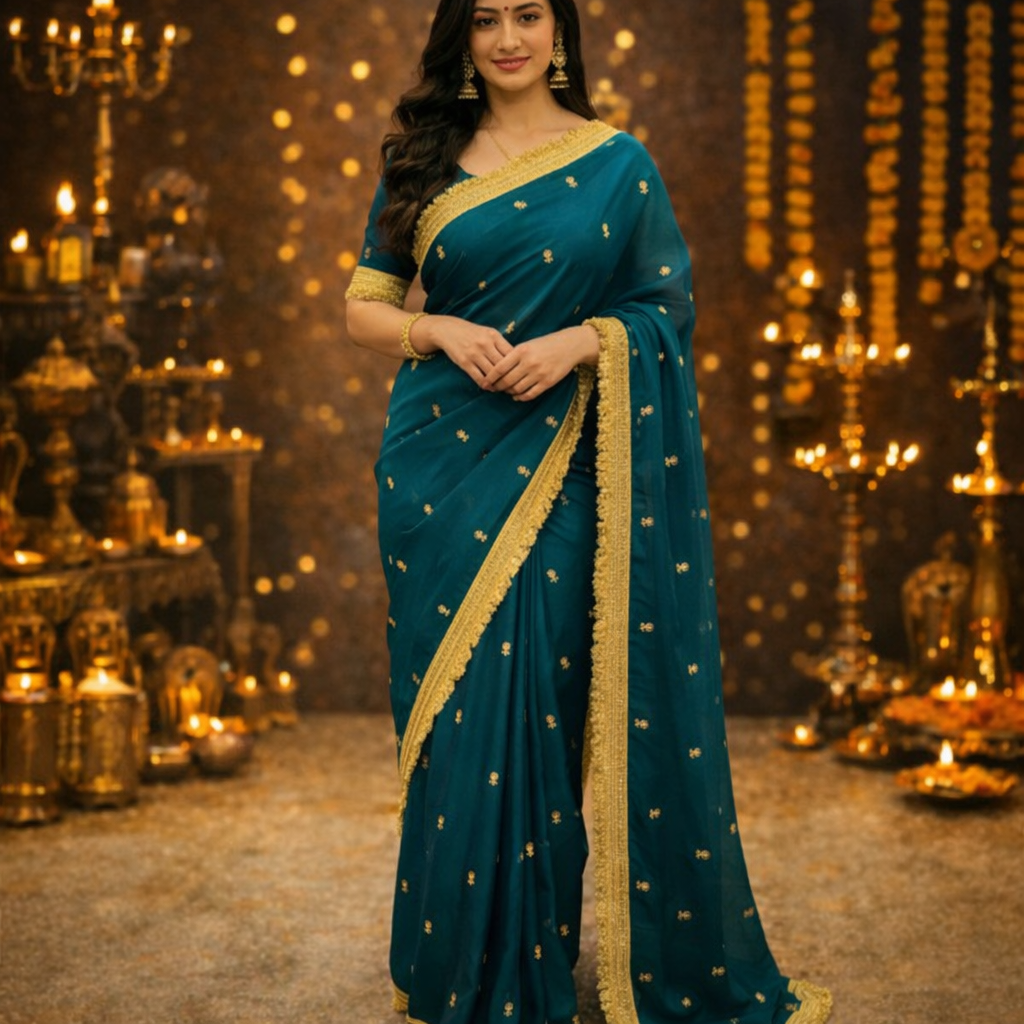 Anmol Space Satin Saree with Sequence Embroidery & Contrast Blouse