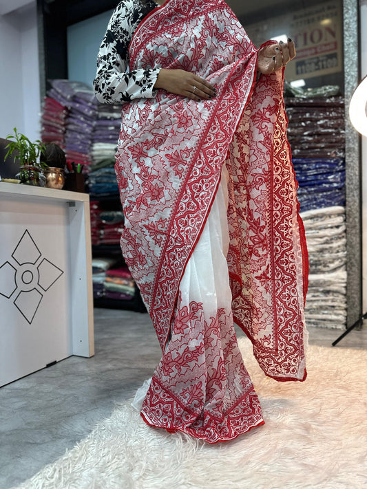 White Red Crush Silk Embroidery Saree