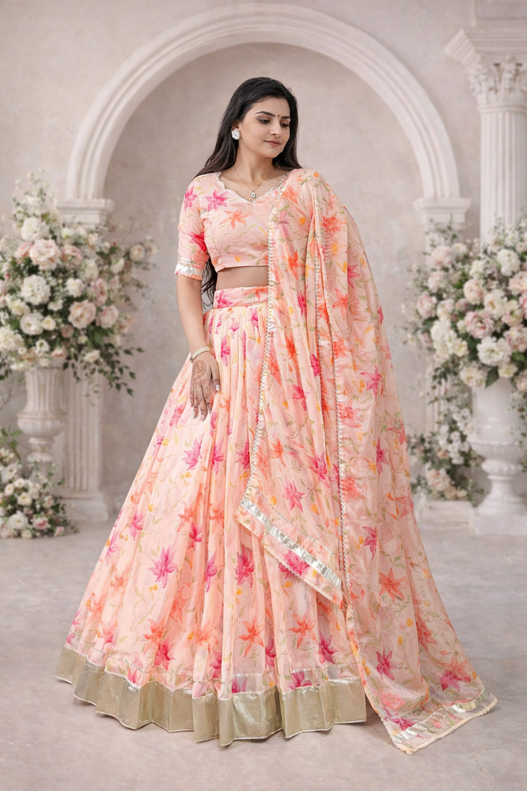 Elegant Floral Tabby Silk Lehenga Set with Dupatta – Premium Party Wear Collection