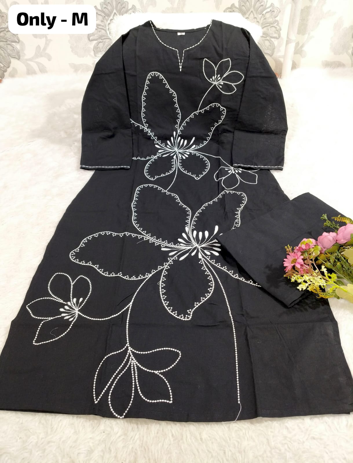 Best Seller Black Cotton Embroidered Kurti with Pant | Only M Size