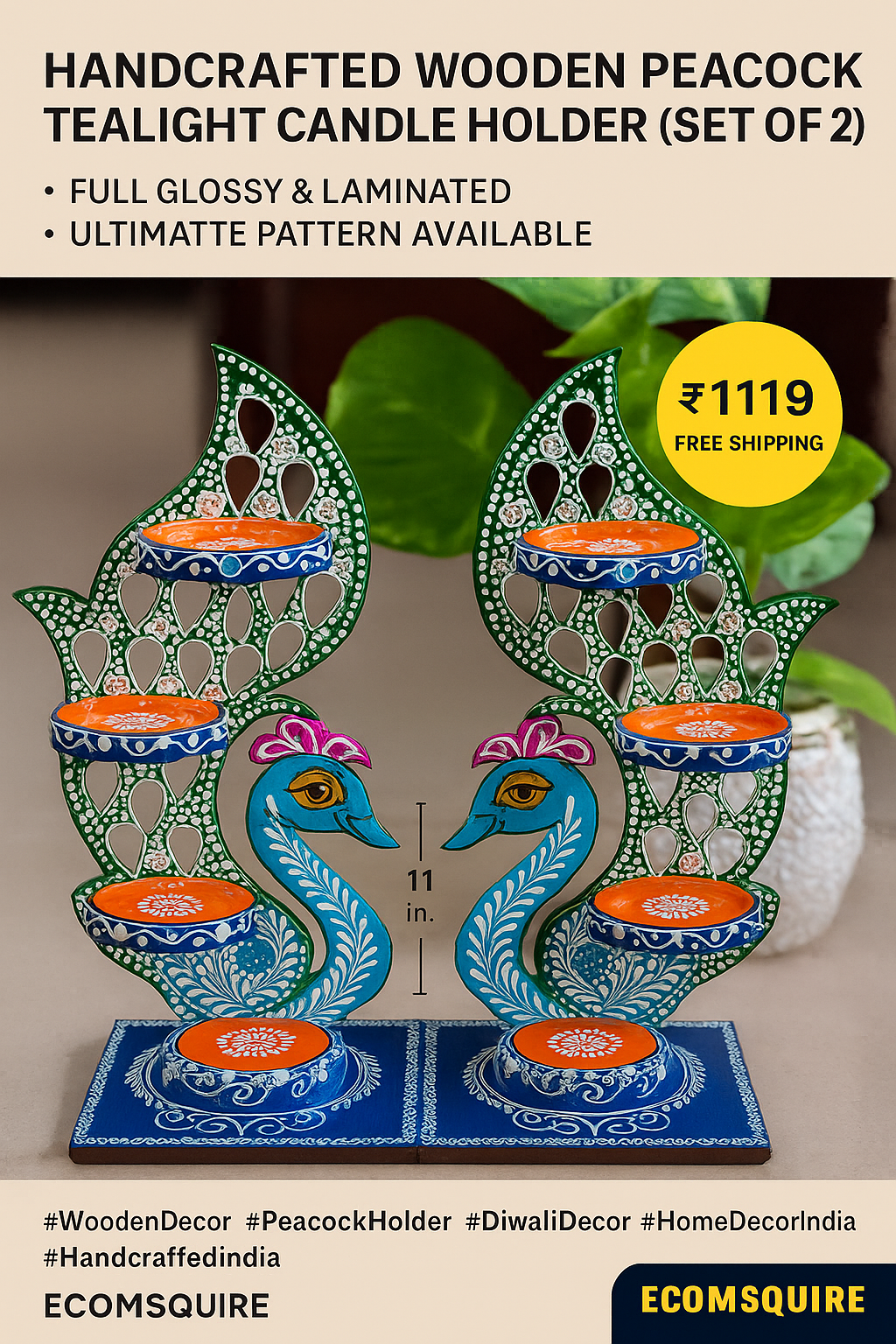Handcrafted Wooden Peacock Tealight Candle Holder (Set of 2)
