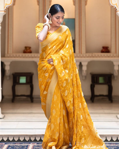 Soft Lichi Mustard Yellow Zari Butti Festival Saree