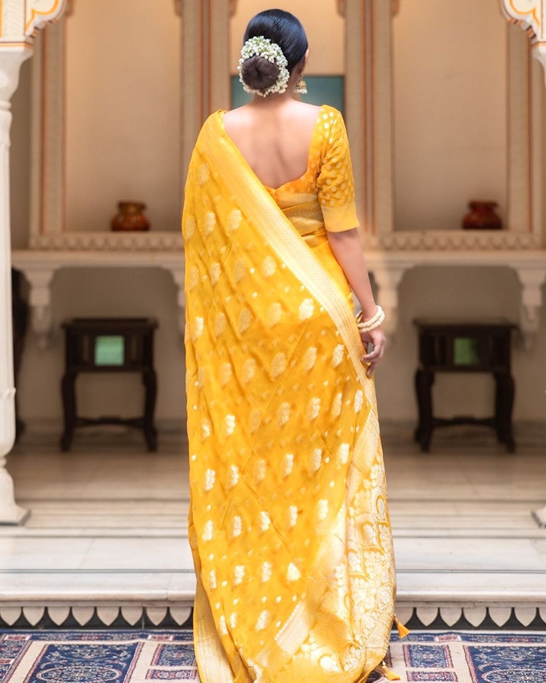 Soft Lichi Mustard Yellow Banarasi Zari Work Saree
