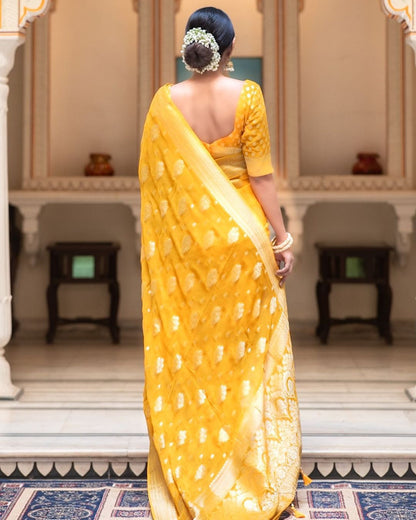 Soft Lichi Mustard Yellow Banarasi Zari Work Saree