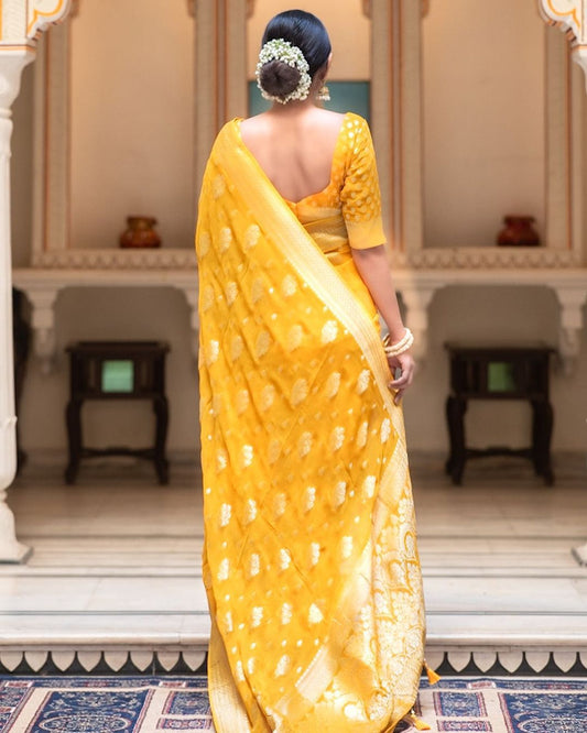 Soft Lichi Mustard Yellow Banarasi Zari Work Saree