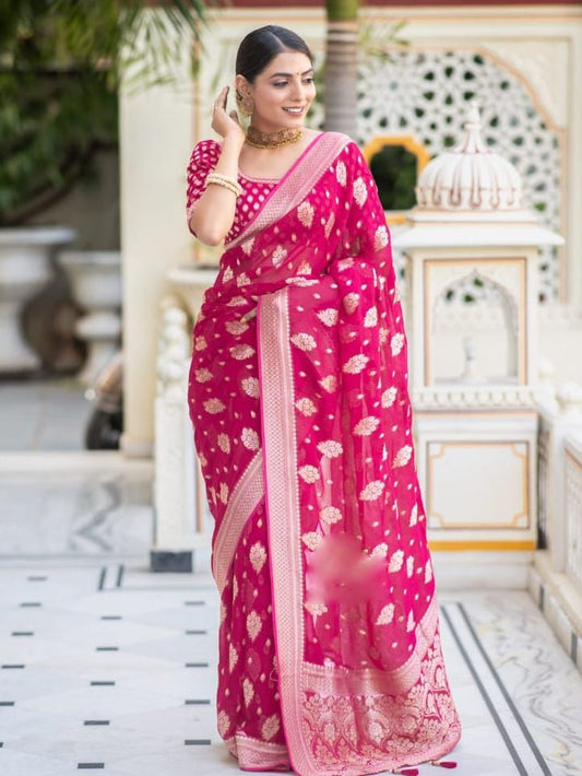 Soft Lichi Rani Pink Banarasi Zari Work Saree