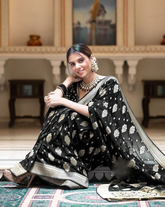 Soft Lichi Black Banarasi Zari Work Saree