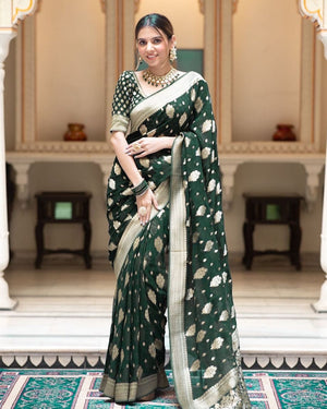 Soft Lichi Dark Green Banarasi Zari Work Saree