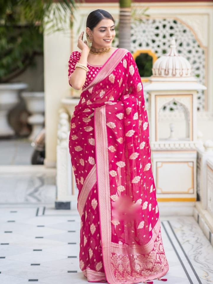 Soft Lichi Rani Pink Banarasi Zari Work Saree
