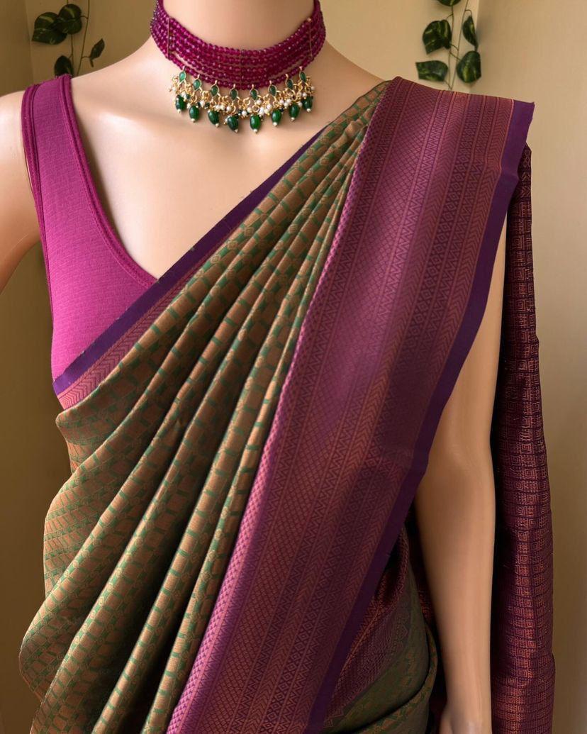 Soft Lichi Purple Green Zari Border Saree