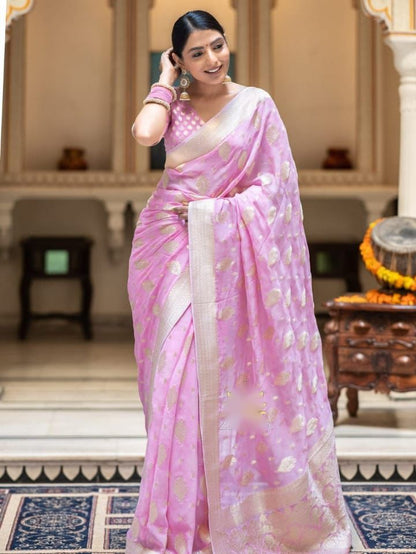 Soft Lichi Light Pink Banarasi Zari Work Saree