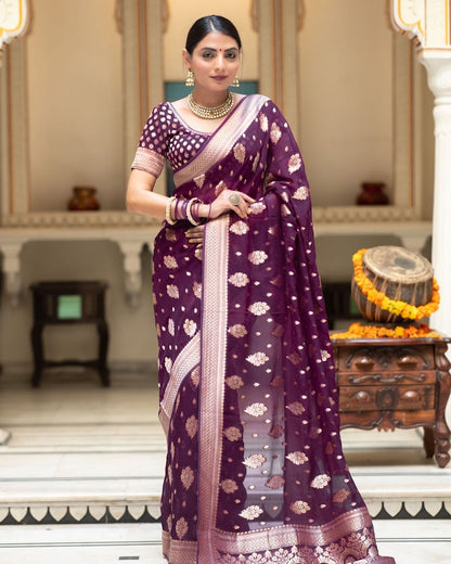 Soft Lichi Wine Purple Banarasi Zari Work Saree