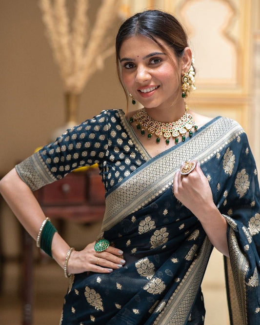 Soft Lichi Teal Blue Banarasi Zari Work Saree