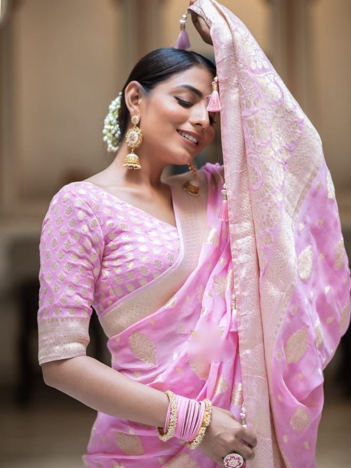 Soft Lichi Baby Pink Banarasi Zari Work Saree