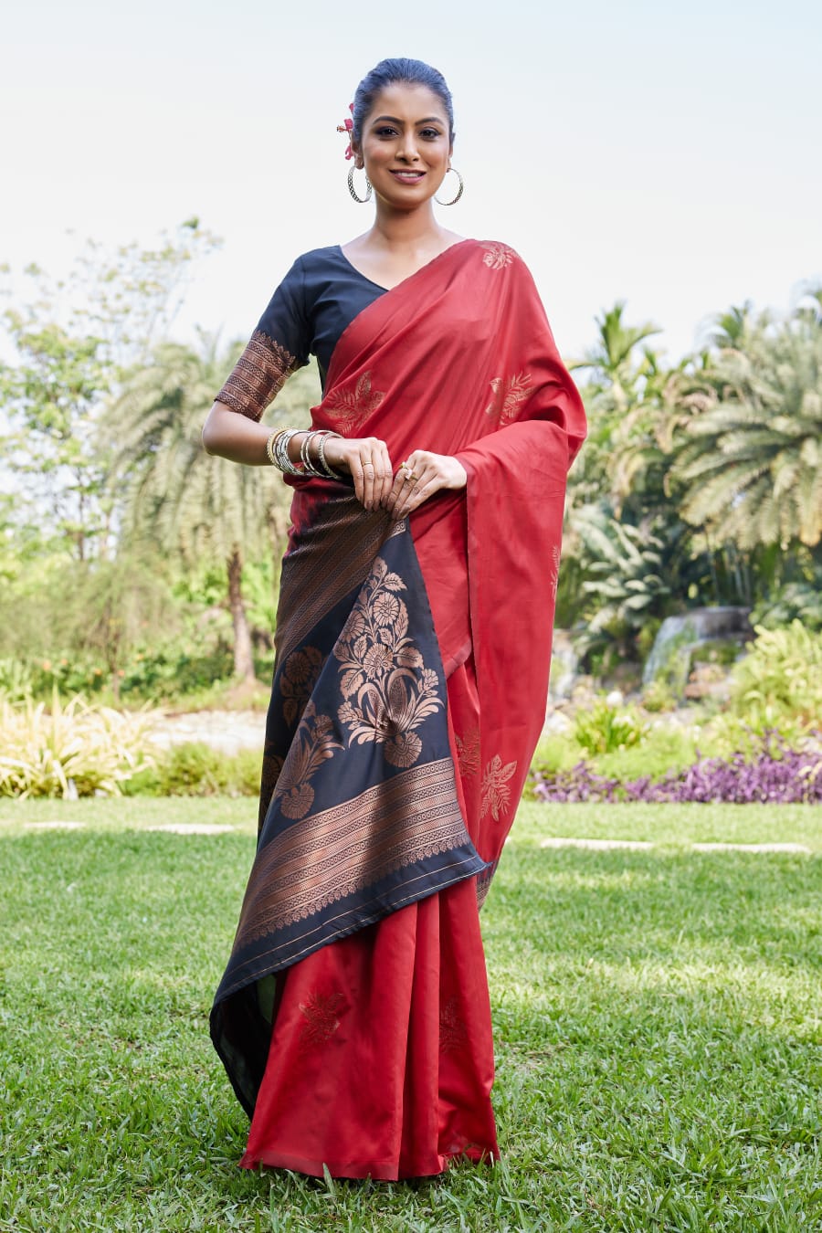 Maroon Soft Lichi Silk Saree with Black Jacquard Pallu