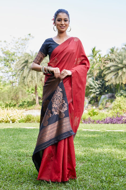 Maroon Soft Lichi Silk Saree with Black Jacquard Pallu