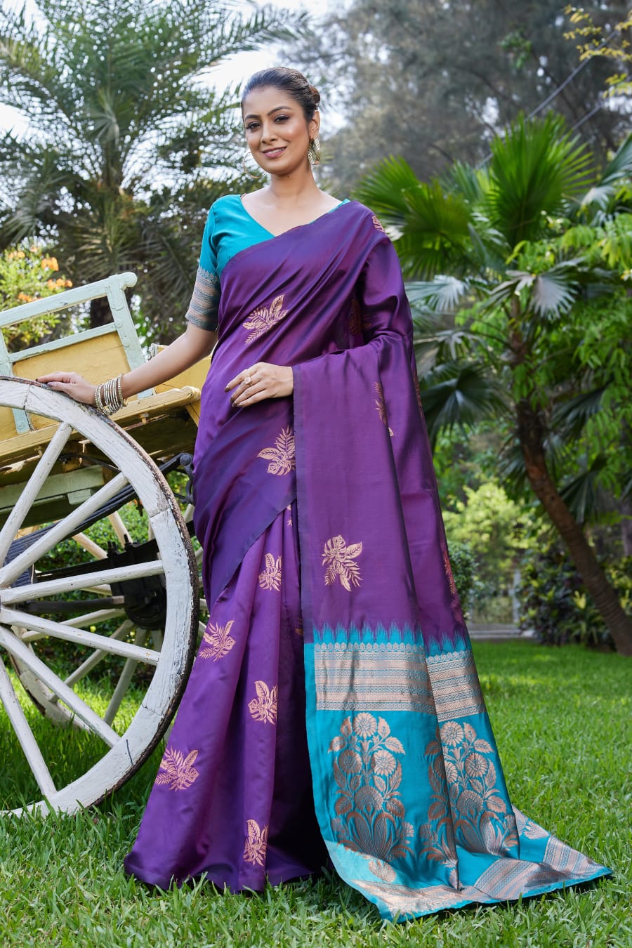 Purple Soft Lichi Silk Saree with Teal Jacquard Border