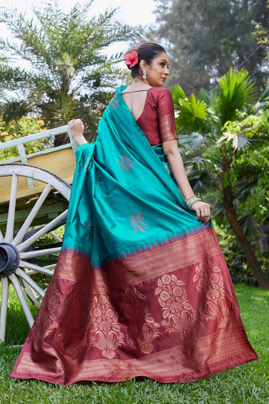 Teal Maroon Lichi Silk Saree