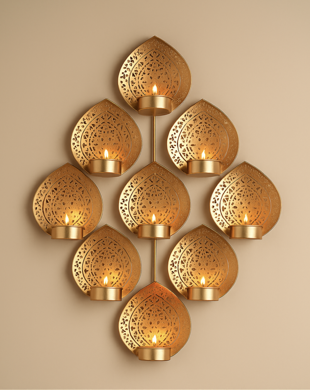 Royal Gold Wall Tealight Candle Holder – 9 Cup Leaf Design