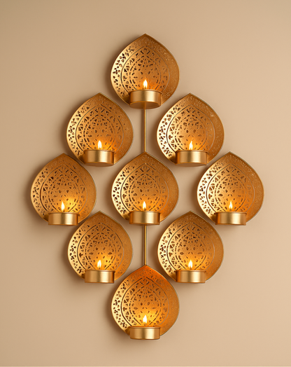 Royal Gold Wall Tealight Candle Holder – 9 Cup Leaf Design