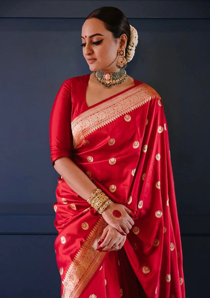 Soft Lichi Jacquard Zari Saree – Red
