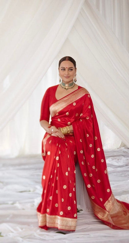 Soft Lichi Jacquard Zari Saree – Red
