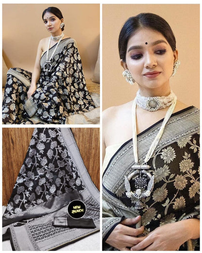 Premium Black Lichi Silk Saree with Rich Jacquard Pallu