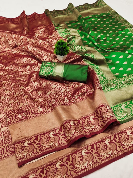Soft Lichi Silk Saree – Brown Zari Work