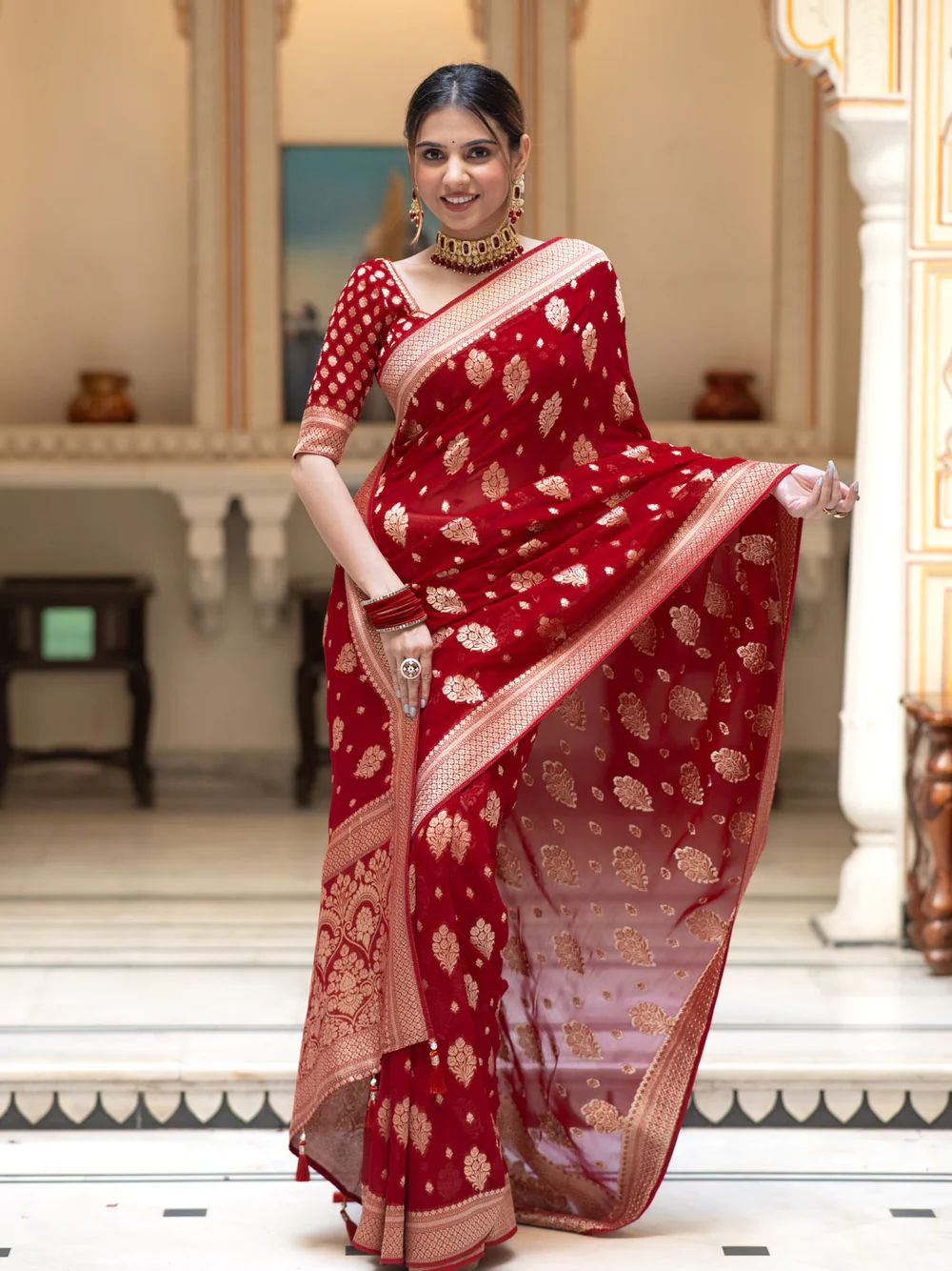 Premium Red Soft Lichi Silk Saree