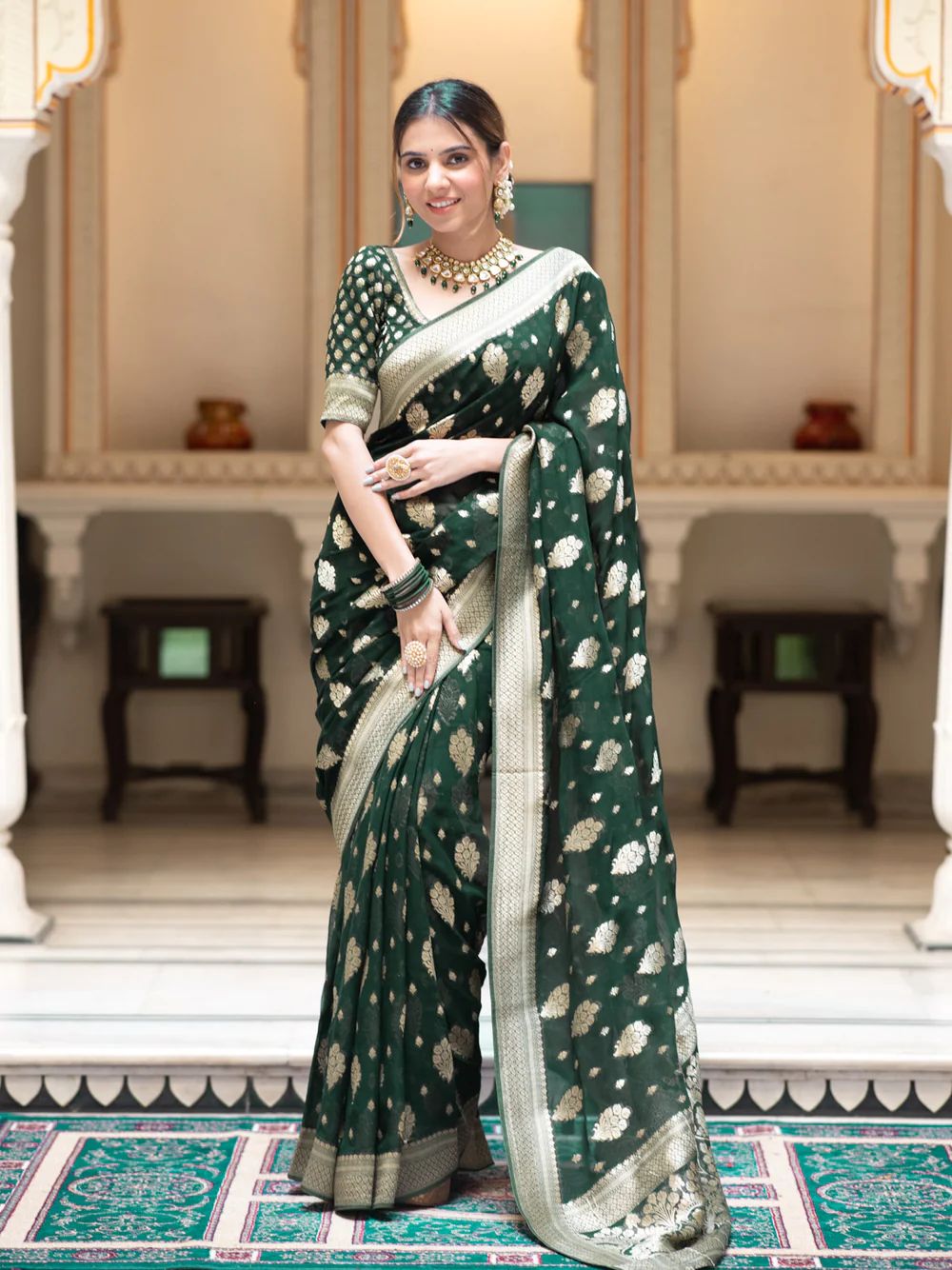 Dark Green Lichi Silk Zari Saree