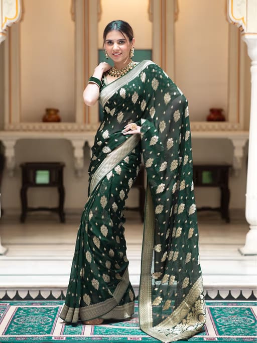 Dark Green Lichi Silk Zari Saree