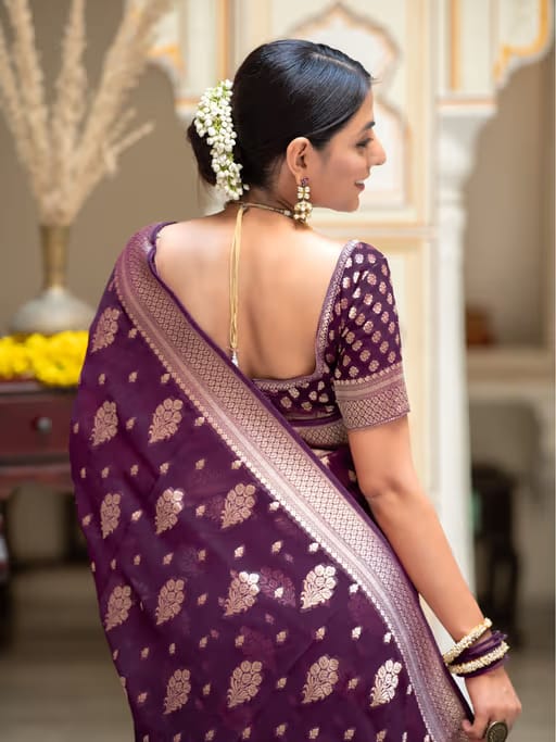 Wine Purple Lichi Silk Zari Saree