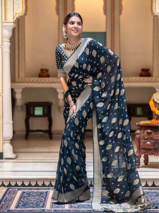 Navy Blue Lichi Silk Zari Saree