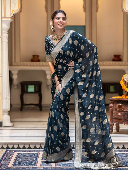 Navy Blue Lichi Silk Zari Saree