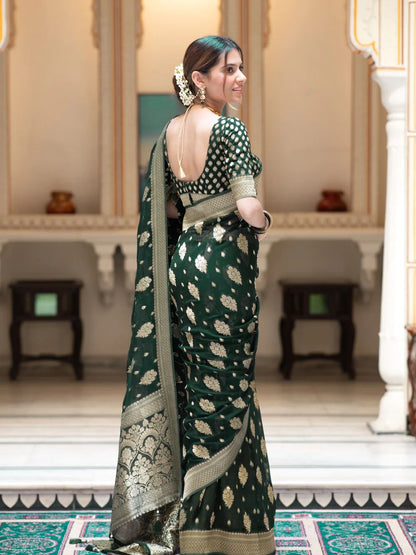 Dark Green Lichi Silk Zari Saree