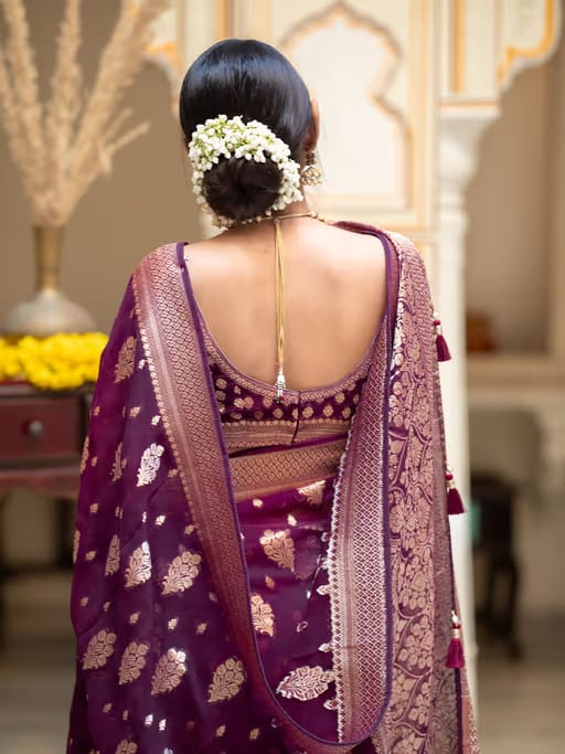 Wine Purple Lichi Silk Zari Saree