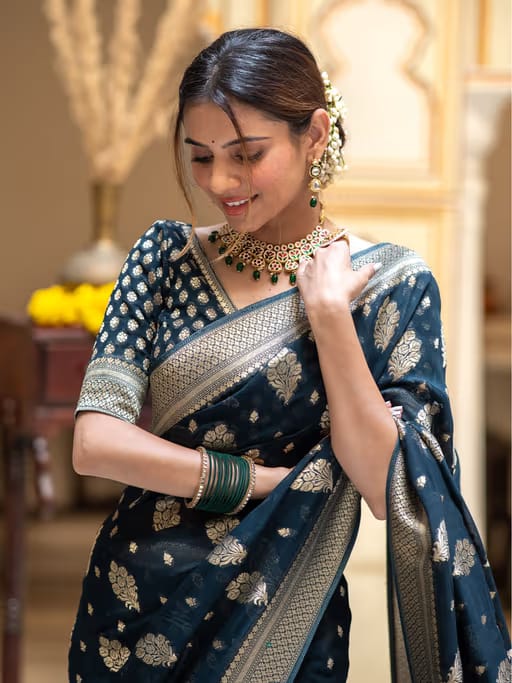 Navy Blue Lichi Silk Zari Saree