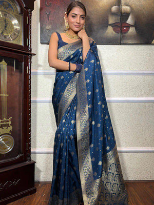 Royal Blue Lichi Silk Jacquard Saree with Rich Zari Border