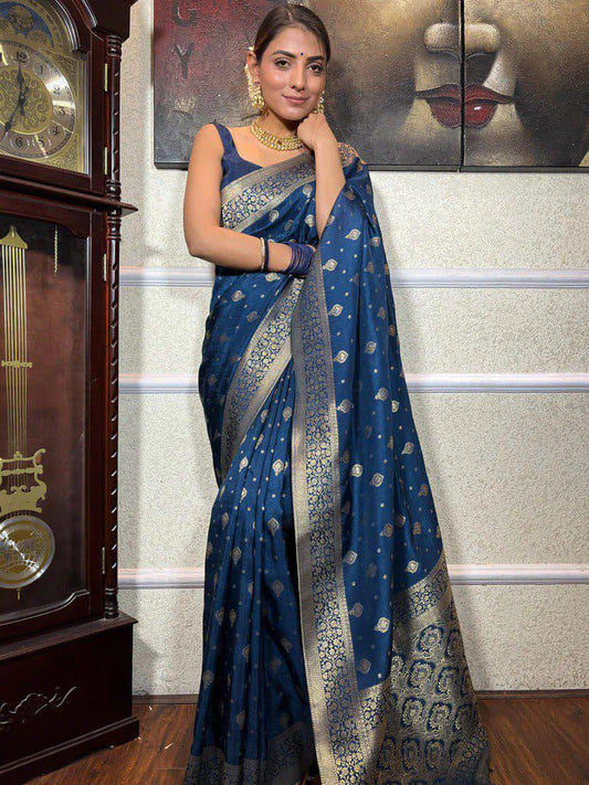 Royal Blue Lichi Silk Jacquard Saree with Rich Zari Border
