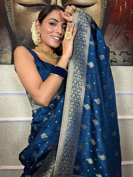 Royal Blue Lichi Silk Jacquard Saree with Rich Zari Border